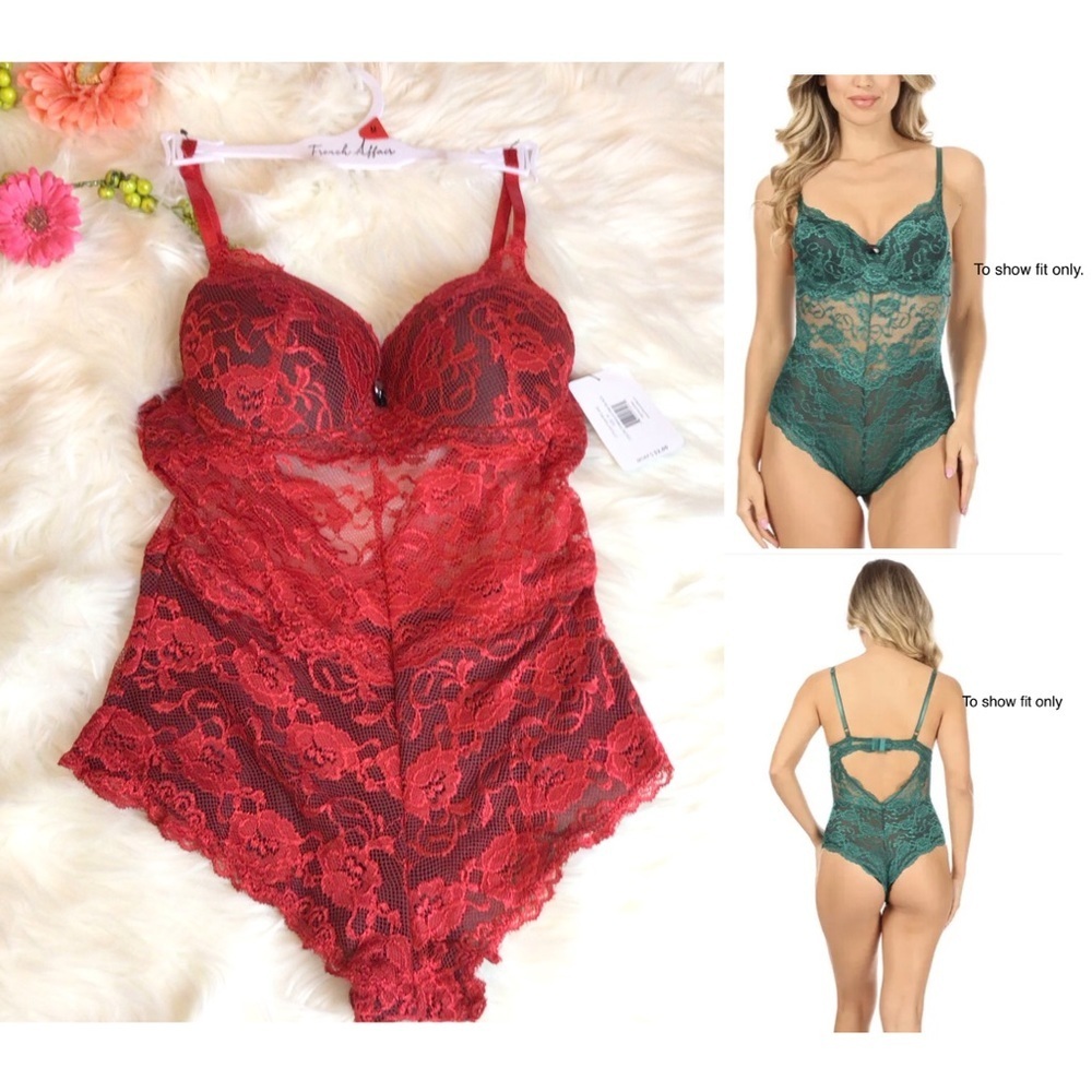 French Affair Red Chef D’Oeuvre Rhinestone Push Up Bodysuit Teddy Lingerie Med